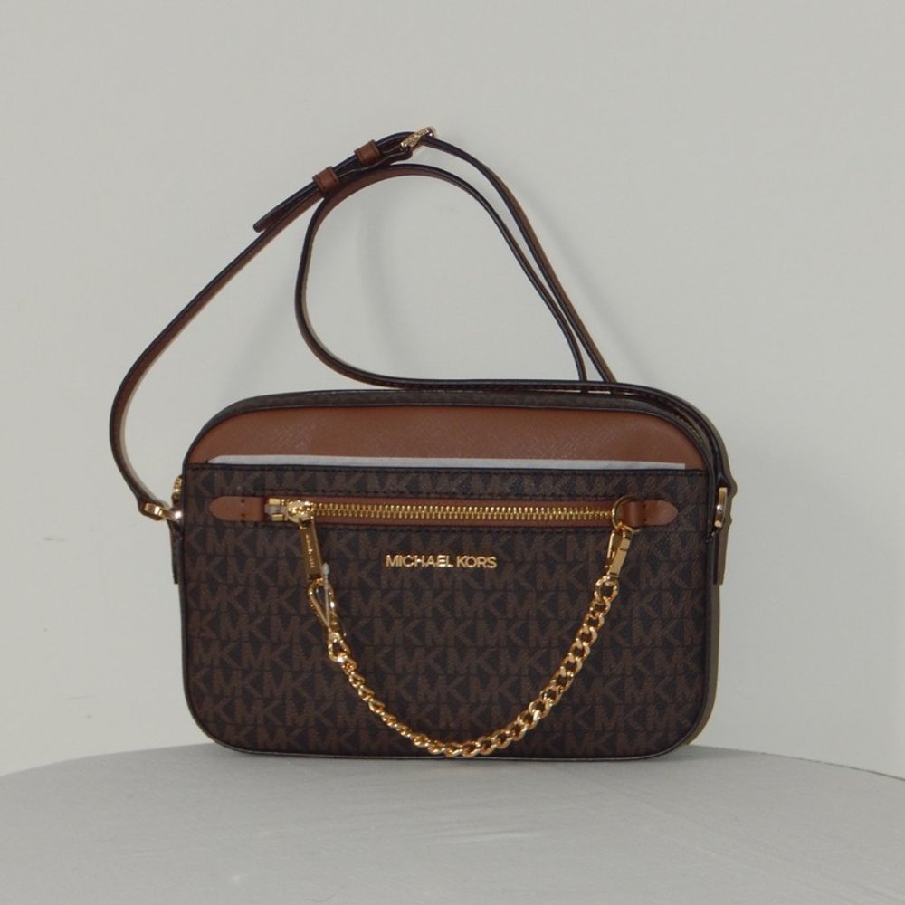 NWT $398 Michael Kors Jet Set Item MK Monogram LG EW Zip Chain XBody Bag Brown